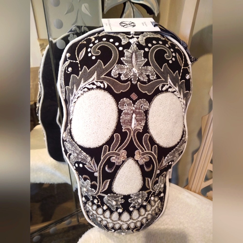 NWt Christian Lacroix Embroidered Skull Pillow ~ 🔲 Black + White